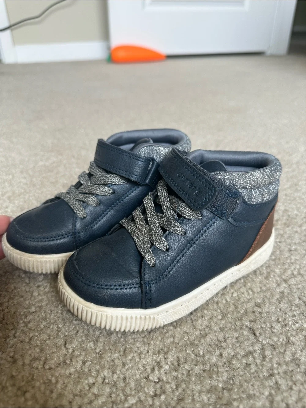 Carter’s Toddler High-Top Sneakers Navy Gray Brown Hook & Loop Shoes 9M size